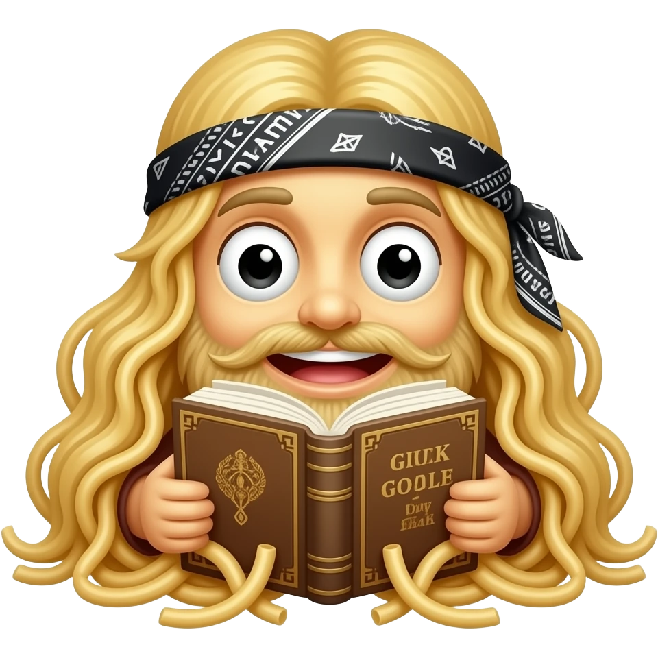Spaghetti noodles holding Bible and Wearing bandanna with a face emoji