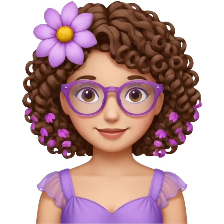 Menina branca de cabelo cachado castanho partido de lado com uma flor no cabelo  e vestido lilás com um óculos rosa claro emoji
