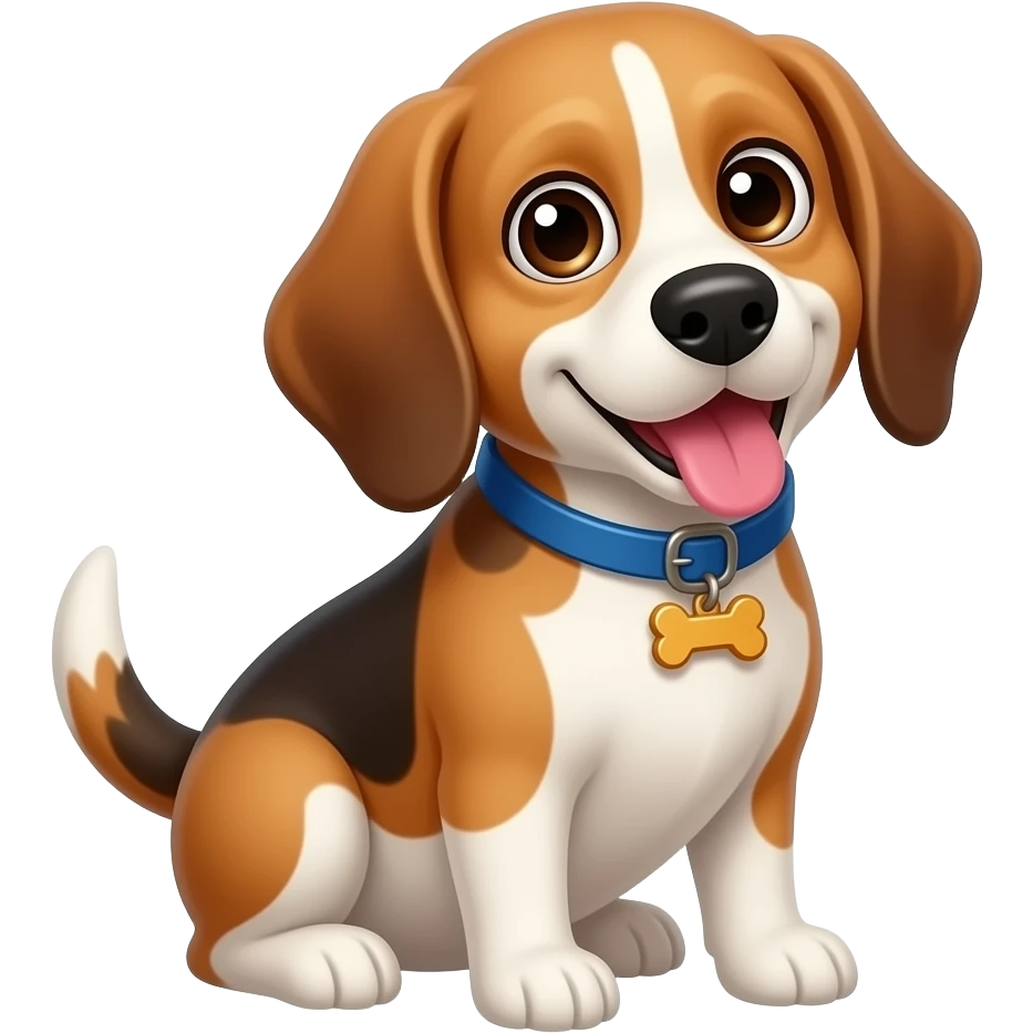 beagle dog with blue collar, collar has bone shaped pendant, sitting, toungue out, smiling, dumb looking, tongue out from the side, big tail, front view, looking at camera, silly, big eyes, cute emoji