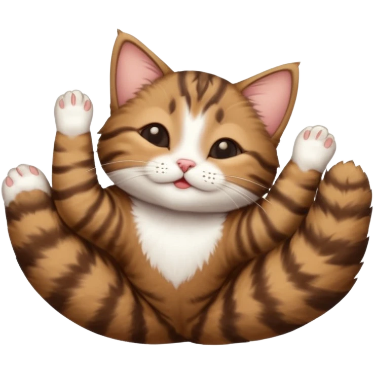 dark brown tabby and white small cat in funny positions upside down with eyes closed emoji