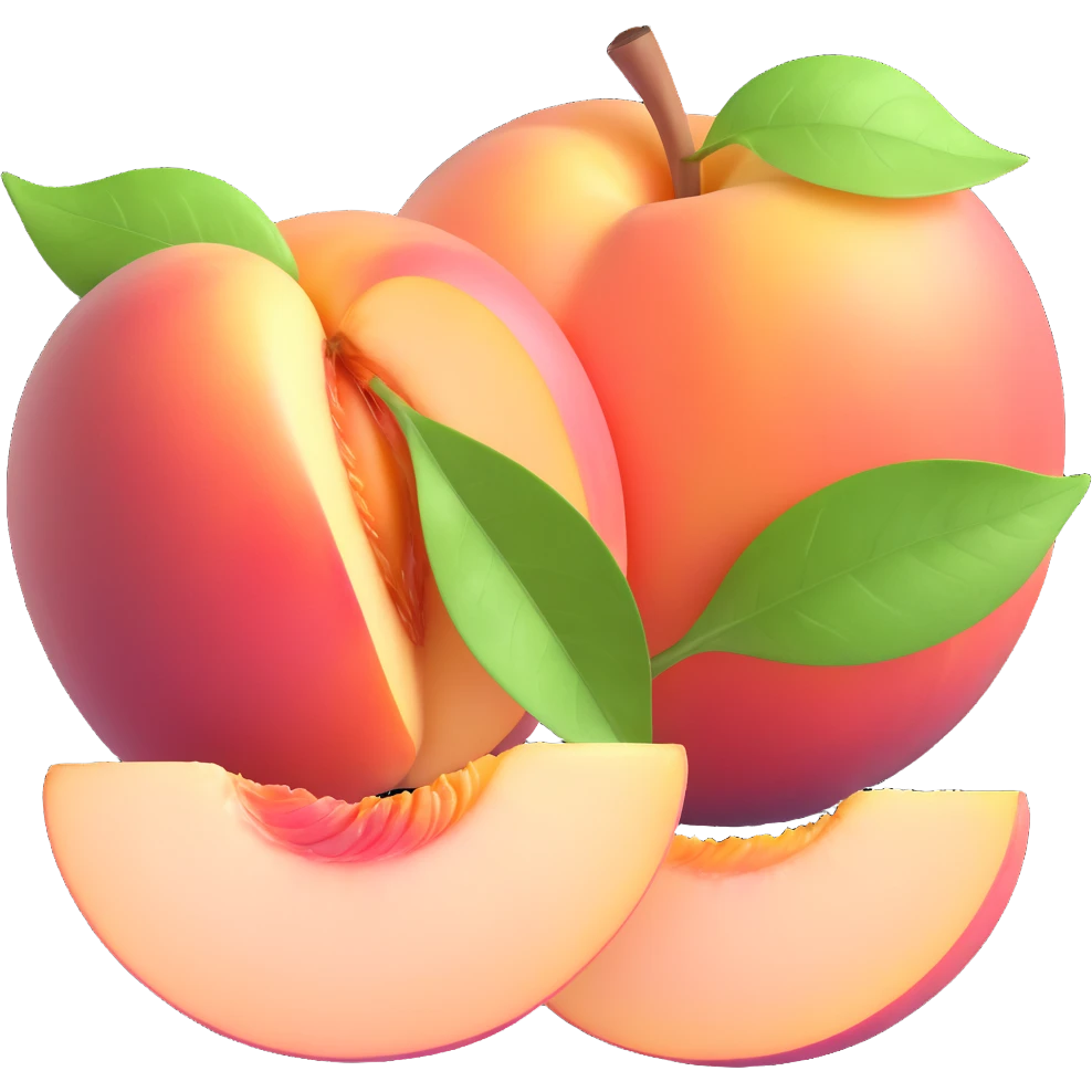 whole and sliced white peach with a pit and green leaf, glossy finish, realistic textures, modern and appetizing look, soft lighting, iOS 3D emoji style emoji