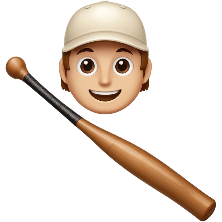 A wooden baseball bat with a friendly face including eyes, nose and smiling mouth emoji