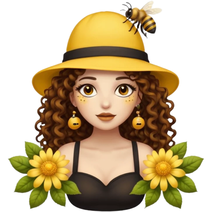 full body woman long curly brown hair brown eyes white skin tattoos wearing bee hat and pollen glow makeup emoji
