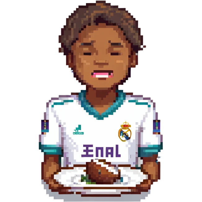 Lamine Yamal in Real Madrid football club uniform, crying and holding a plate emoji