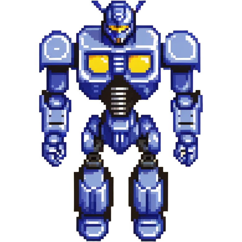 simple transformer robot in royal blue, black, and silver accents, pixel art style with an animated vibe emoji