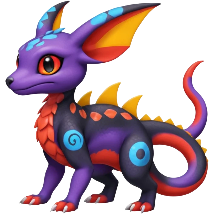 Cute Exotic Colorful Guilmon-Salandit-Umbreon-Fakémon-hybrid-creature (full body)  emoji