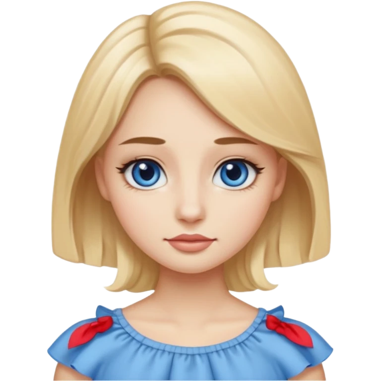 Emoji girl with small close-set blue eyes and eyeliner, long and straight eyebrows, long round nose, wide not full lips, long oval face shape, long blonde hair in cute ruffle beige top emoji