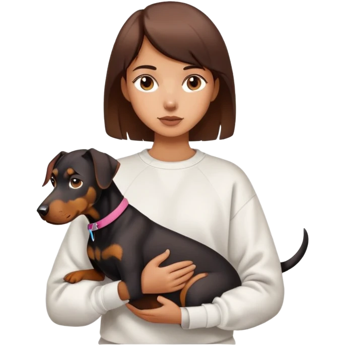A short-haired girl in a white sweatshirt is holding a big Doberman dog emoji
