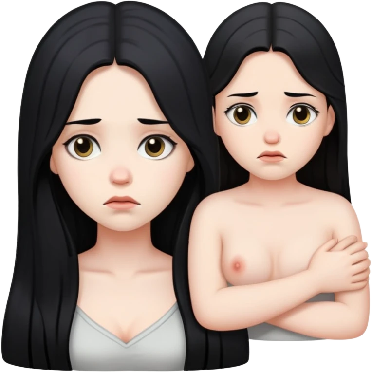 Pale girl with long black hair sad with a large chest emoji