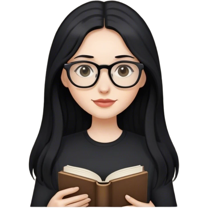 pale woman with long black hair, wearing glasses and black shirt holding a book emoji