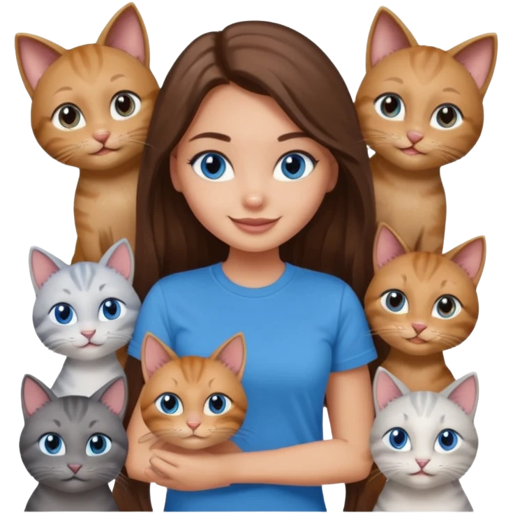 a pretty bratz dusky light skin girl with long brown hair, blue eyes with six cats nd wearing a grey tshirt emoji