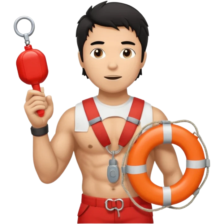 Shirtless Dark Tan Muscular lifeguard with messy black hair with whistle hand, life preserver emoji