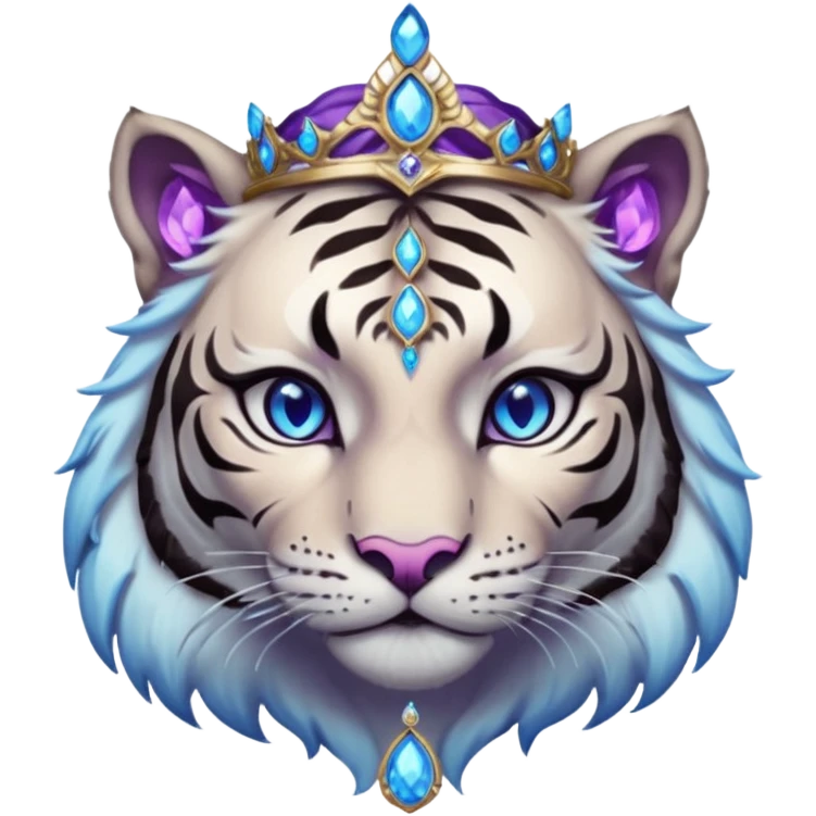 ESO Female white/black tiger khajiit leader of the umbral rose, glowing blue eyes, glowing blue 'third eye' gem; purple gem silver tiara emoji