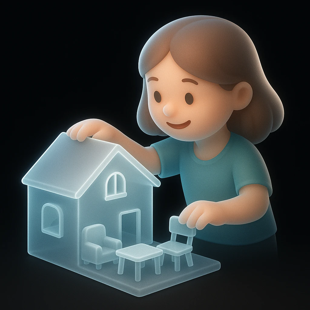 smiling girl arranging furniture in doll house emoji