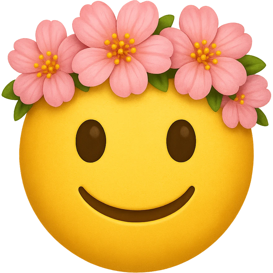 yellow face with pink flower crown emoji, digital illustration emoji