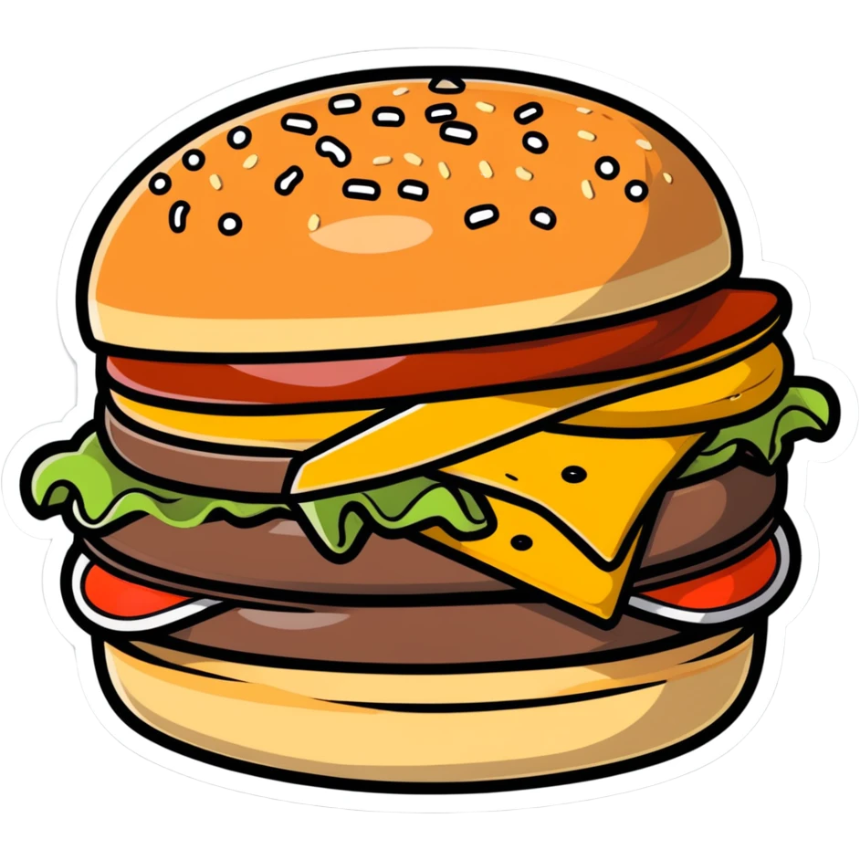 burger de chez Quick with soft bun, steak, cheese, sauce, cartoon sticker style emoji