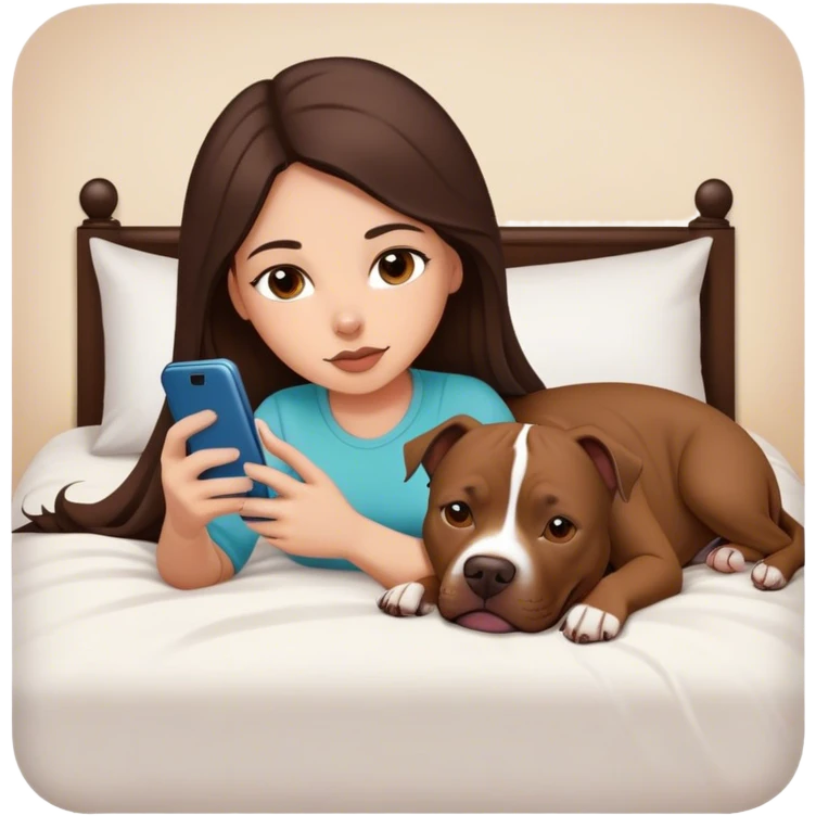 Girl long dark brown hair lays on her bed with her cell phone and her brown pit bull lays guarding her emoji