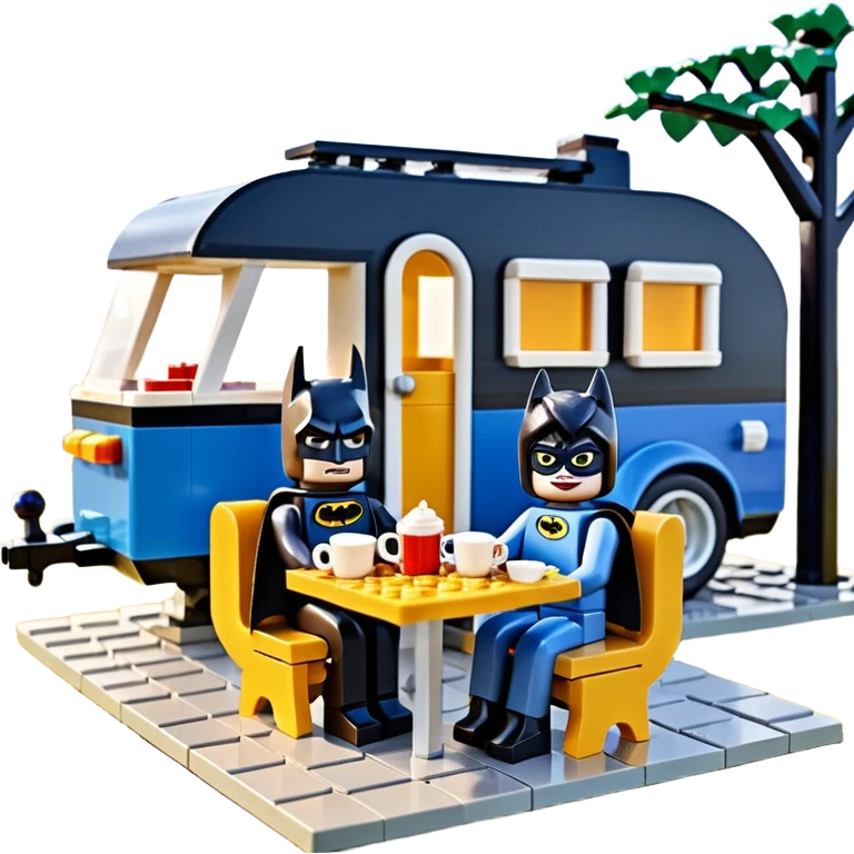  Ultra cute futuristic Lego detailed 1854Batman and pretty Catwoman dream house Caravan with picnic table and folding chairs alone at romantic afternoon (hot chocolate and cheeseburgers on the grill) emoji