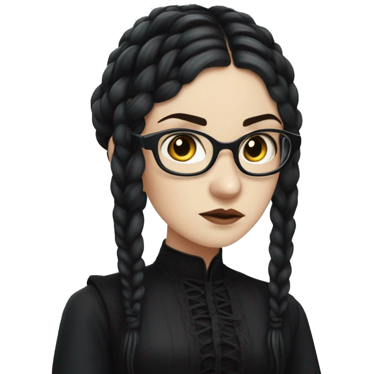 "An emoji of a girl with long black braids, pale skin, and a serious expression, wearing a dark gothic-style dress, with round black-rimmed glasses to add a studious, mysterious look emoji