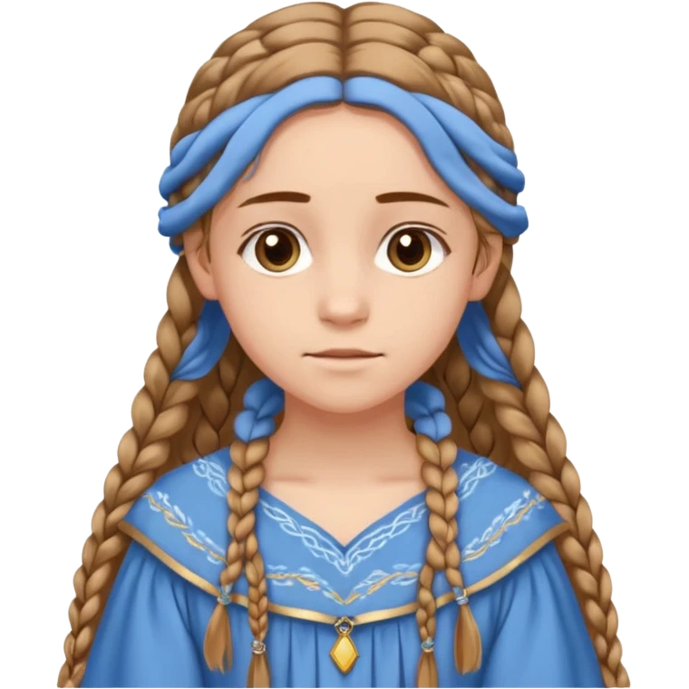 Joven de unos 20 años, de aspecto dulce y elegante.
Piel clara, ojosy expresivos, sonrisa triste.
Rubio o castaño claro, largo, con trenzas o velo.
-Vestido largo de tonos suaves (blanco, azul o lavanda), con bordados dorados; un manto o toca fina cubriendo la cabeza. emoji