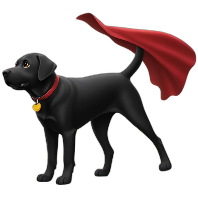 Un labrador noir qui vole dans le ciel avec une cape rouge emoji