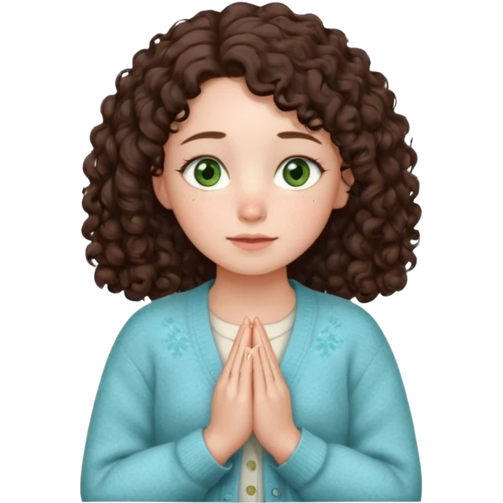 young girl in cozy cardigan milky blue tones, green eyes, freckles, plump lips, dark brown curly hair below shoulders, hands folded in prayer or gratitude, looking forward, gentle expression, emoji style emoji