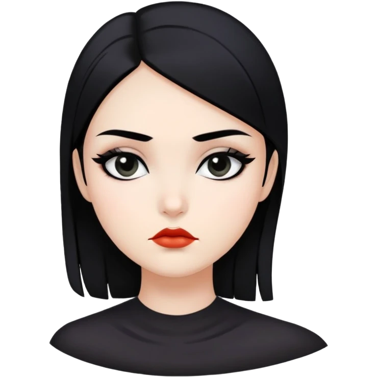 Uma garota séria, com cabelo preto, rosto fino e maquiagem preta, com personalidade. emoji