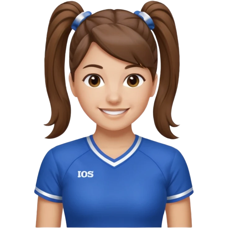 brown hair blue cheerleading shirt no bangs with a high pony tail smiling emoji