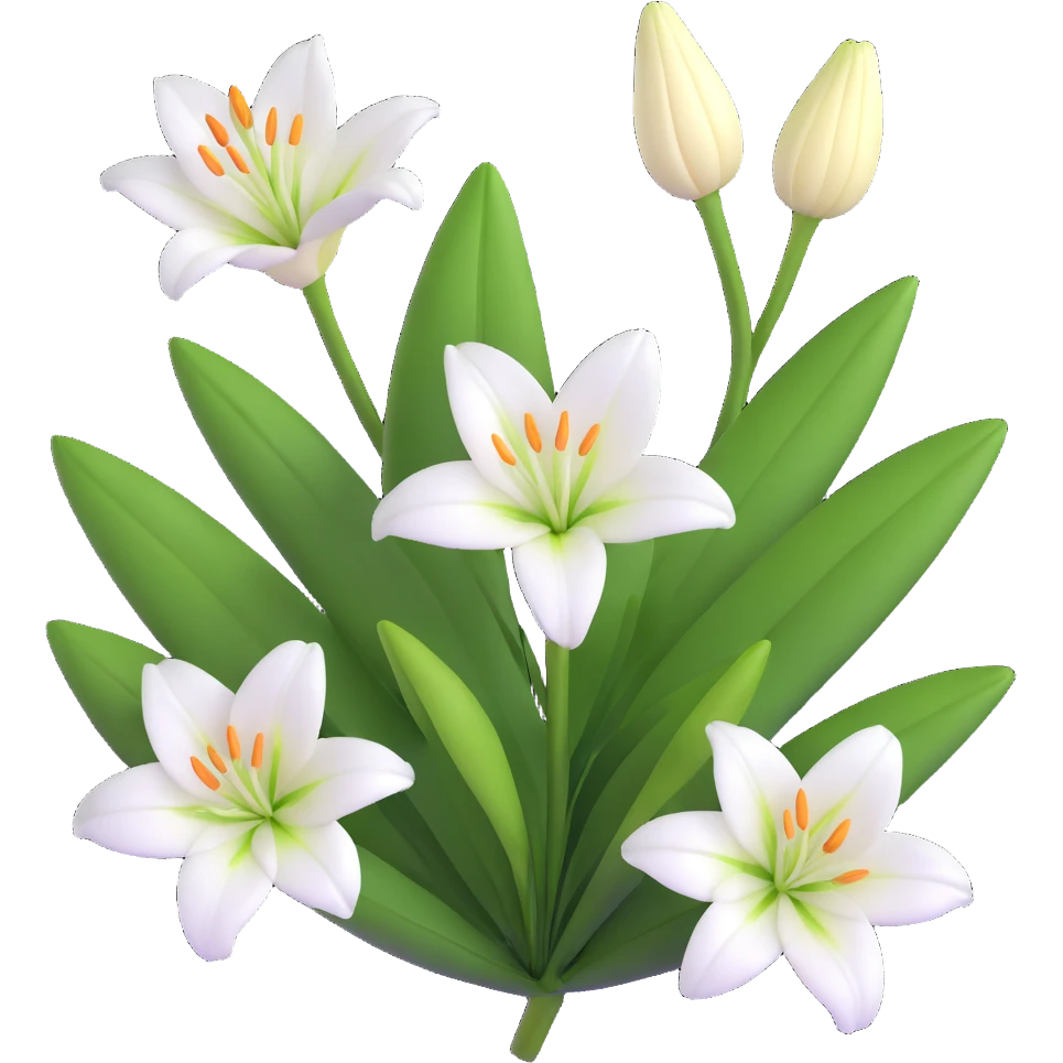 detailed white lily with six petals, a closed bud, and several green leaves emoji
