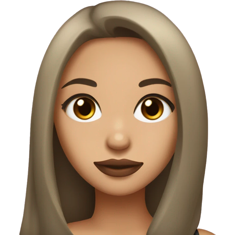girl She has brown eyes, long dark hair, straight and styled. She has an olive skin tone and wears black clothing, which contrasts with her fair complexion. pink lips emoji