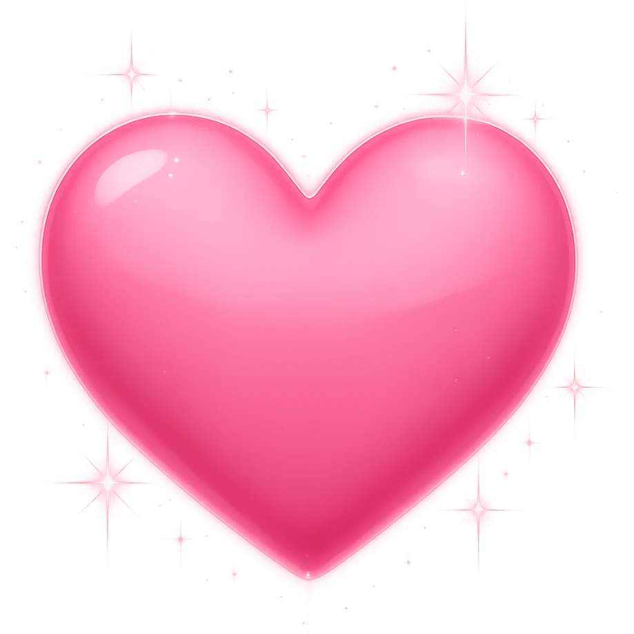 Add bright shine and glow to the pink heart in emoji style with a transparent background, making it look luminous and sparkling. emoji