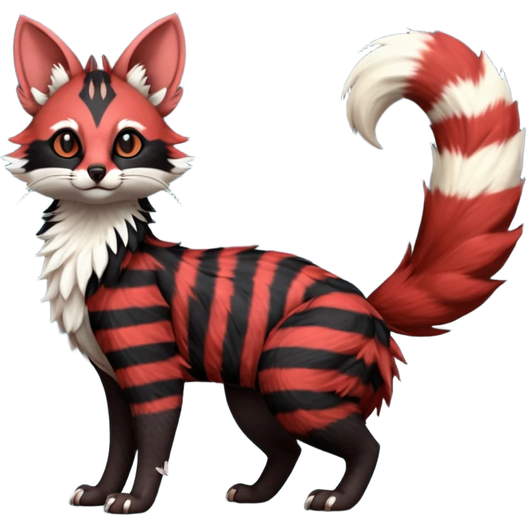 Beautiful fluffy thick puffy hyper-realistic lifelike furry black and red, Civet-Genet-Possum-Serval-Caracal-Sergal-Trico-Numbat-Furret-fusion-Fakemon-hybrid-creature (full body) with long tufted ears and a striped tufted tail  emoji