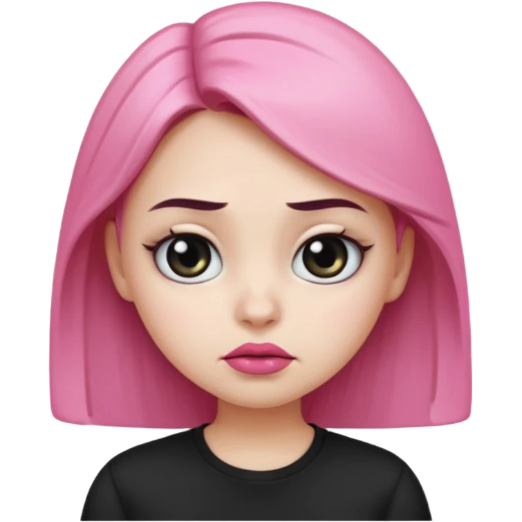  Girl emoji with round face, white skin, sharp eyebrows, frowning face, black shirt, pink lips, and big eyes  emoji