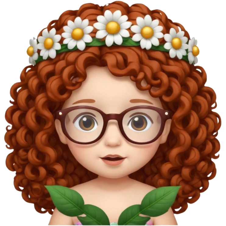 baby with big flower tiara dark ginger long curly hair and glassess emoji