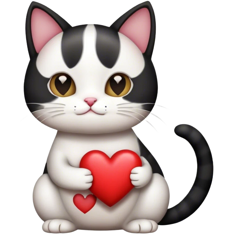 Black and white cat holding a big heart that says I love you emoji