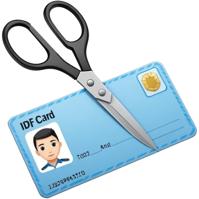 Floating black Scissors cutting a light blue idf ID card in 2 parts .hyper realistic emoji