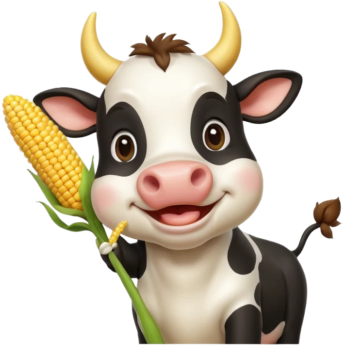 cute cow eating corn, holding corn with mouth, happy expression, 3D cartoon, mobile game icon style, clean background, no text, no watermark
 emoji