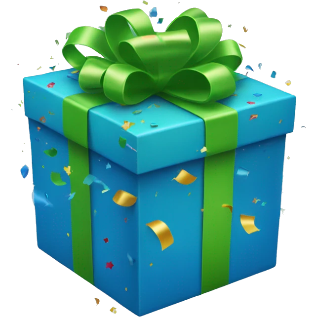 blue gift box with a green bow with confetti flying out of it emoji
