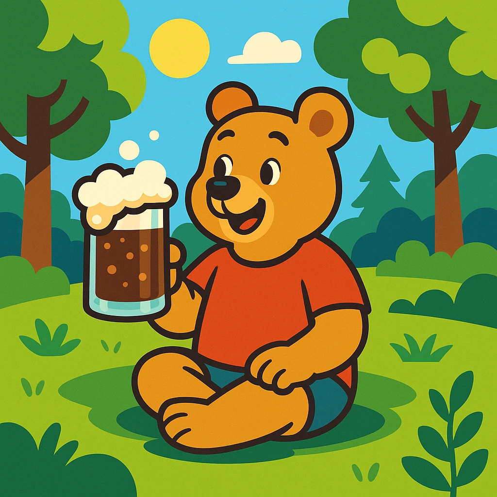 cartoon bear in a red t-shirt sitting on grass in a sunny forest clearing on a clear summer day, holding a glass mug of kvass with foam emoji
