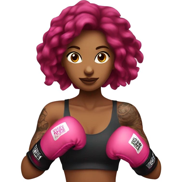 Beautiful tattooed  burgundy long haired woman boxing with pink gloves emoji