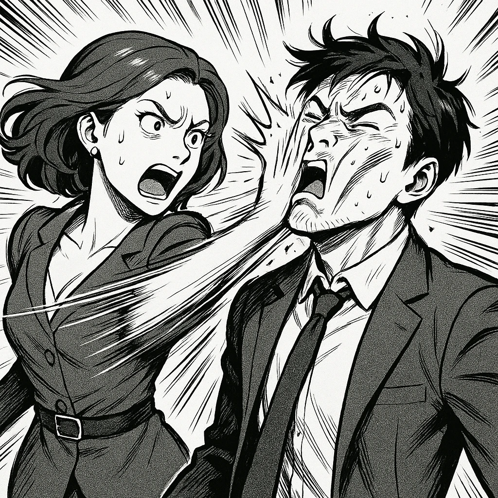 a dramatic scene of a woman slapping a man, with motion lines and exaggerated expressions emoji