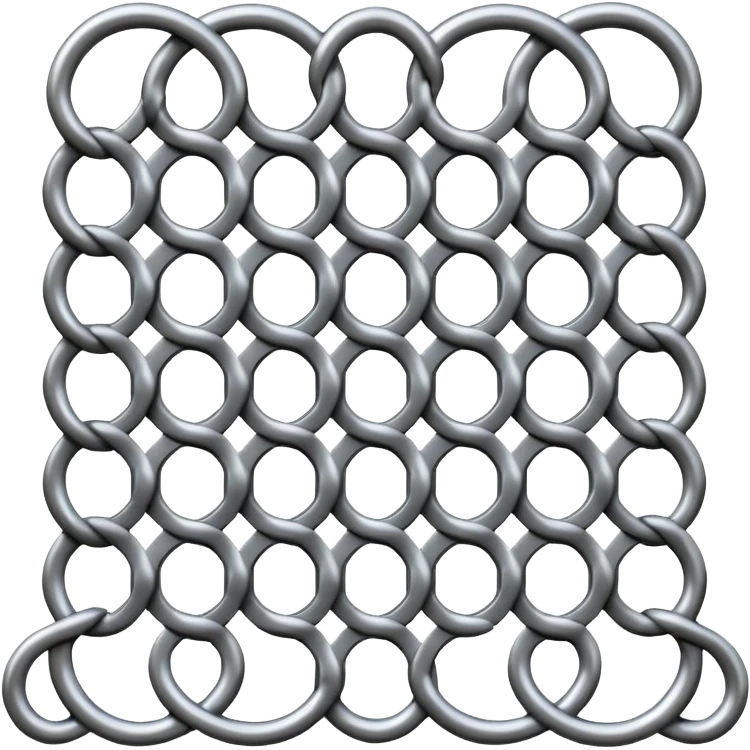 3D render of Screen Door Fragment, made of interlocking chainmail metal rings, wire mesh texture, visible holes and negative space, metallic silver and grey, high contrast shadows, emoji style, isolated on white background --v 6.0. emoji