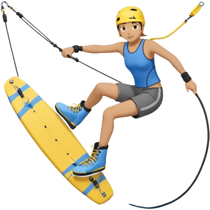 A person wakeboarding with one leg forward, the other bent for balance, leaning slightly back while holding a tow rope. Wearing a blue top, black shorts, gray boots, on a yellow board with small water splashes below. emoji