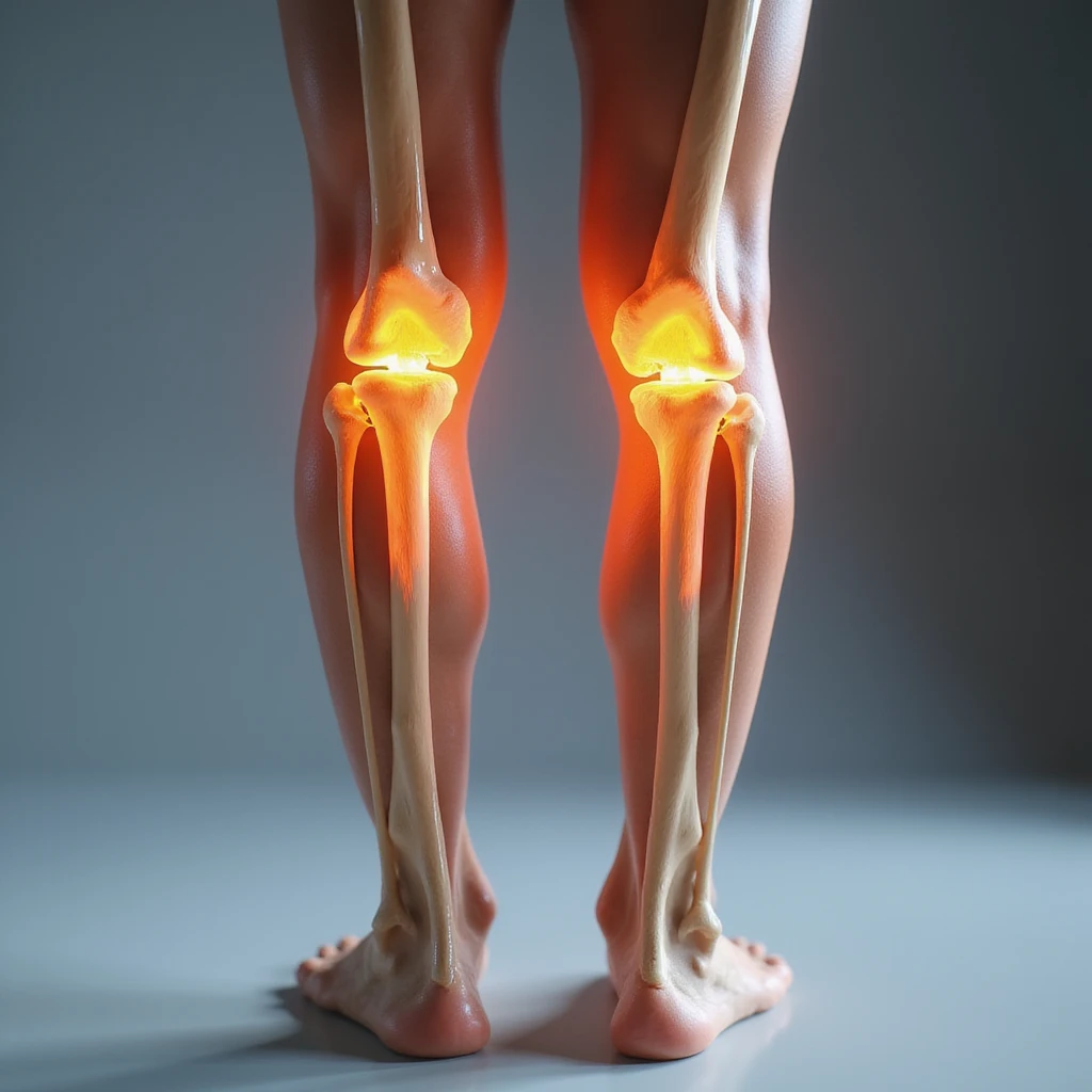 hyperrealistic 4K anatomical view of valgus knee, woman's legs, knees touching and ankles separated, bones and joint highlighted, white background, valgus deviation clearly visible, variant 6 with slightly changed pelvis position emoji