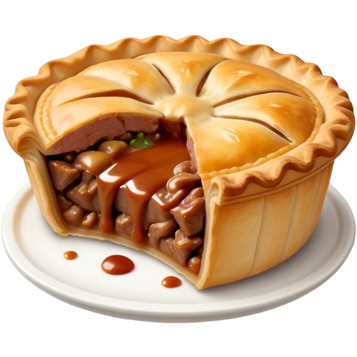 Cinematic Realistic Meat Pie Dish Emoji, showcasing a flaky pastry filled with rich, hearty meat gravy, rendered with lifelike detail and warm, inviting lighting. emoji