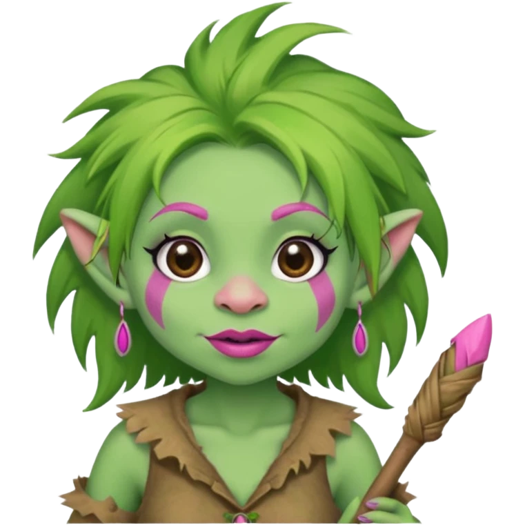 A green troll with green hair and brown and tan raggedy clothes on holding a brown stick with pink lipstick, long eyelashes and pink nails emoji