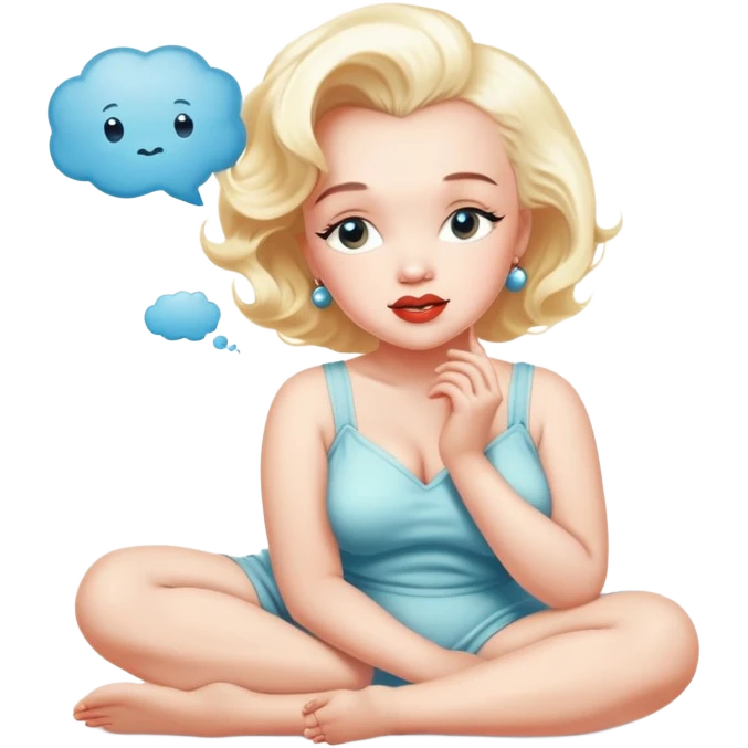 Marilyn Monroe sitting and dreaming about children with a thought bubble above her head showing a baby ￼ emoji