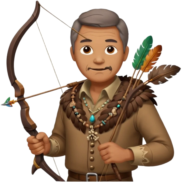 The classic image of a middle-aged uncle hunter carrying a bow, dressed in brown clothes, with some ornaments made of feathers, bones or teeth on his body. emoji
