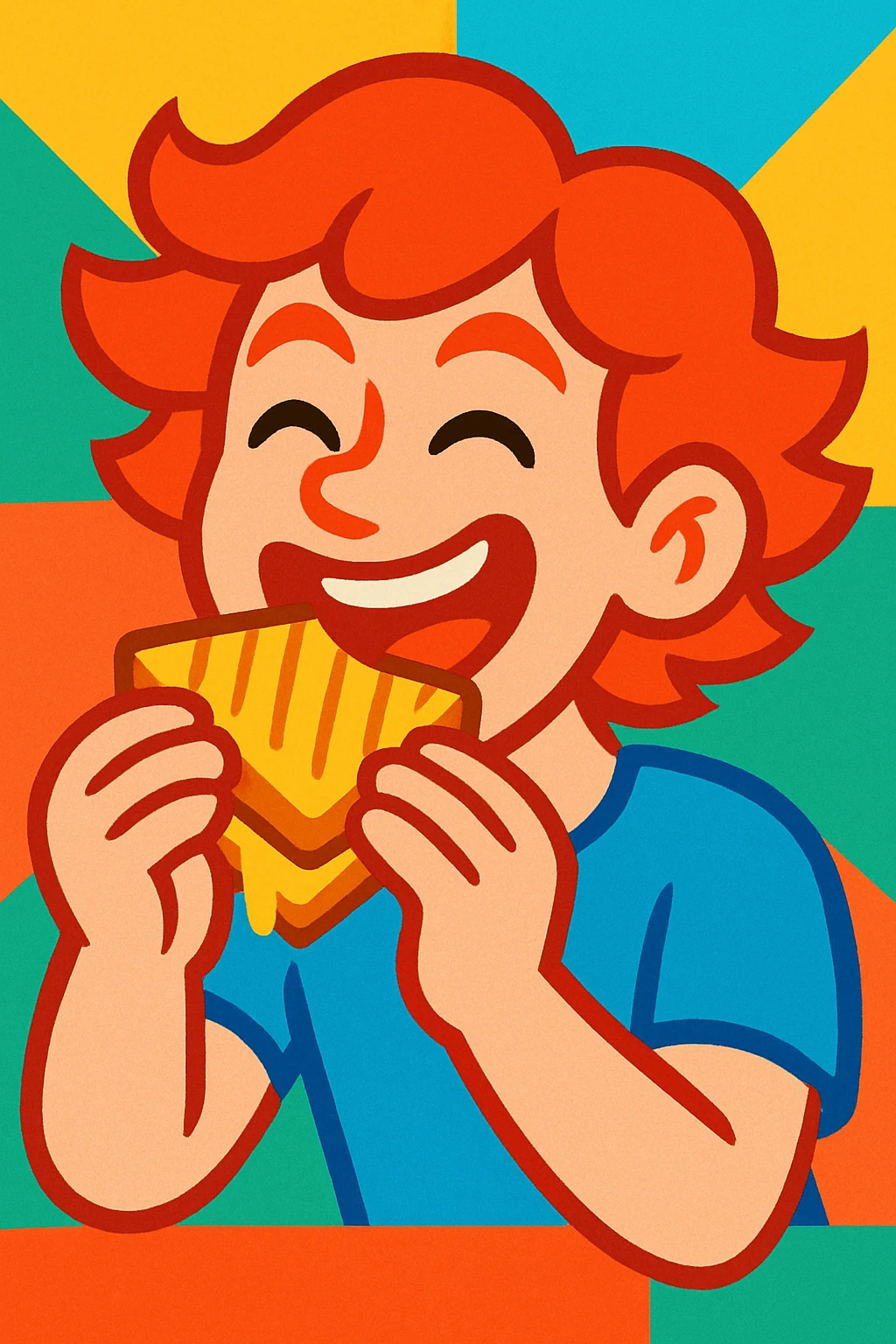 a redhead eating a grilled cheese, vibrant and expressive emoji