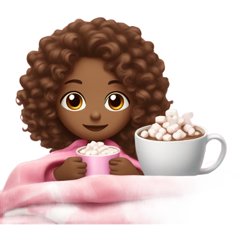Light skin girl  with brown curly hair under our pink blanket,make her look like a young  make it so you can see the curly hairsipping hot cocoa with marshmallows, cuddled around the blanket, long curly hair, long, medium lashes emoji